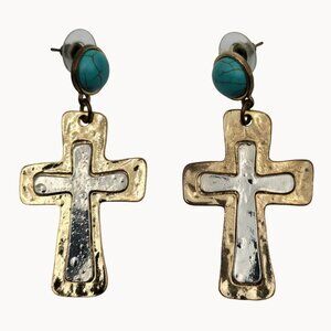 Cross Boho Charm‎ Pendant Dangle Stud Chunky Beaded Teal Blue Gold Tone Earrings